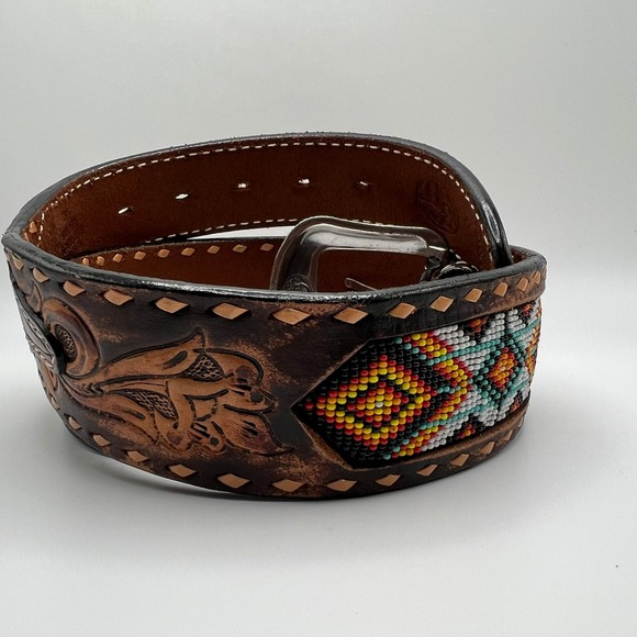 3D Other - 3D Men's Tooled Leather Western Belt Sz 32 – Floral Beaded Silver Buckle Rodeo